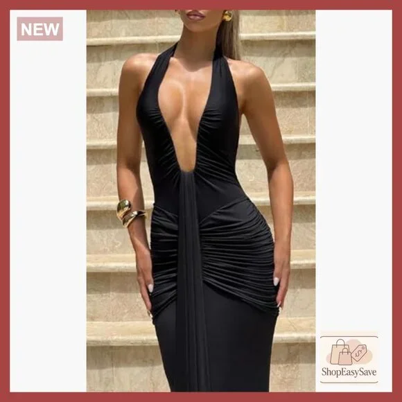 Elegant Ruched Bodycon Maxi Dress Deep V-Neck Halter Backless Formal Gown - Picture 6 of 6